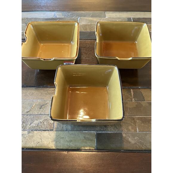 Pottery Barn Bowl ASIAN SQUARE Japan Gold Brown Noodle Ramen Bowls‎ Set Of 2 - Picture 2 of 7